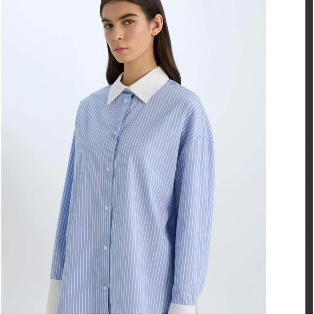 &merci Oversize Fit Striped Poplin Long Sleeve Shirt Blue Cotton Large NWTS - Picture 5 of 5